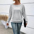 Women's Textured Round Neck Long Sleeve Top - Casual Solid Pullover For Spring & Fall