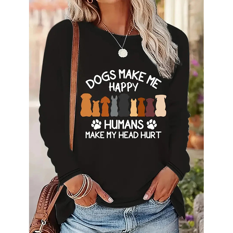 Women's Dog & Letter Print Crew Neck Sweatshirt, Casual Long Sleeve T-Shirt For Spring & Fall