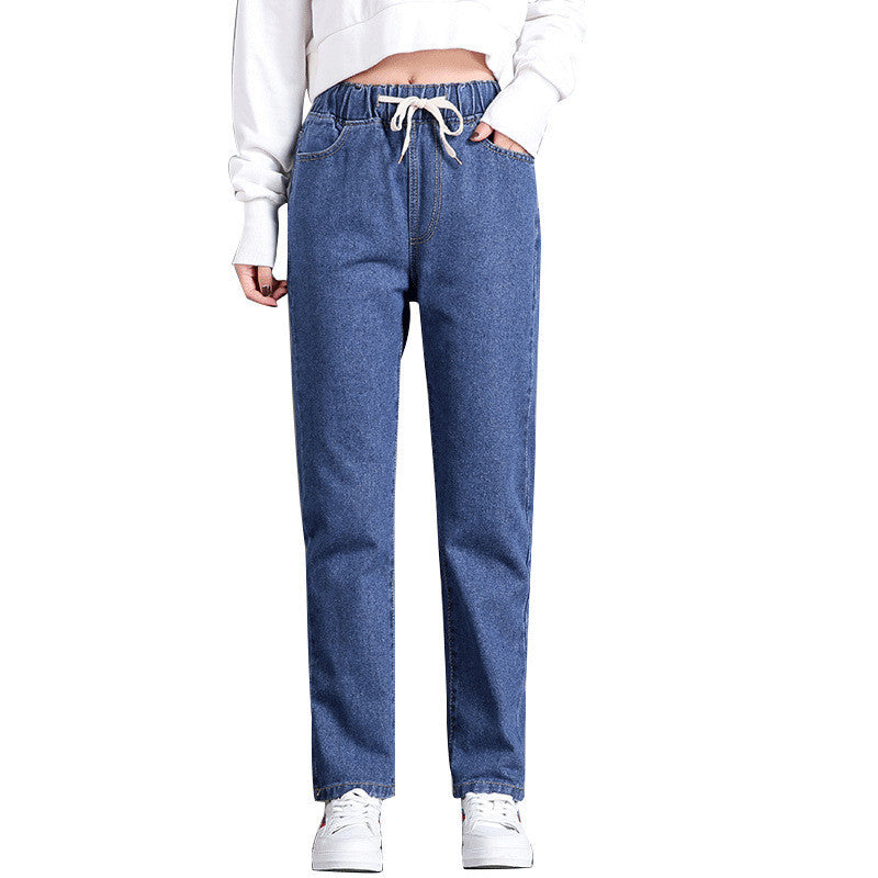 Korean Style Women's Straight Casual Elastic Waist Tied High Waist Student Jeans