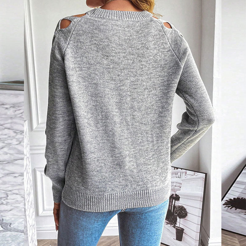 Women's Casual Long Sleeve Hollow Out Sweater, Trendy Chic Crewneck Openwork Knit Pullover Top For Fall