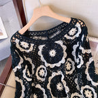 Women's Crochet Lace Yoke Sweater, Geometric Pattern Long Sleeve Pullover With Eyelet Embroidered Trim