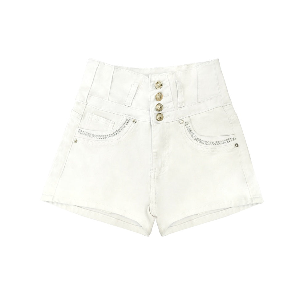 White High Waist Button Shorts Slim Fit Stretch Denim Bling Pocket Hot Girl Summer Look Club Chic Curve Flattering Pants For Women Forbidden Platform - Temu