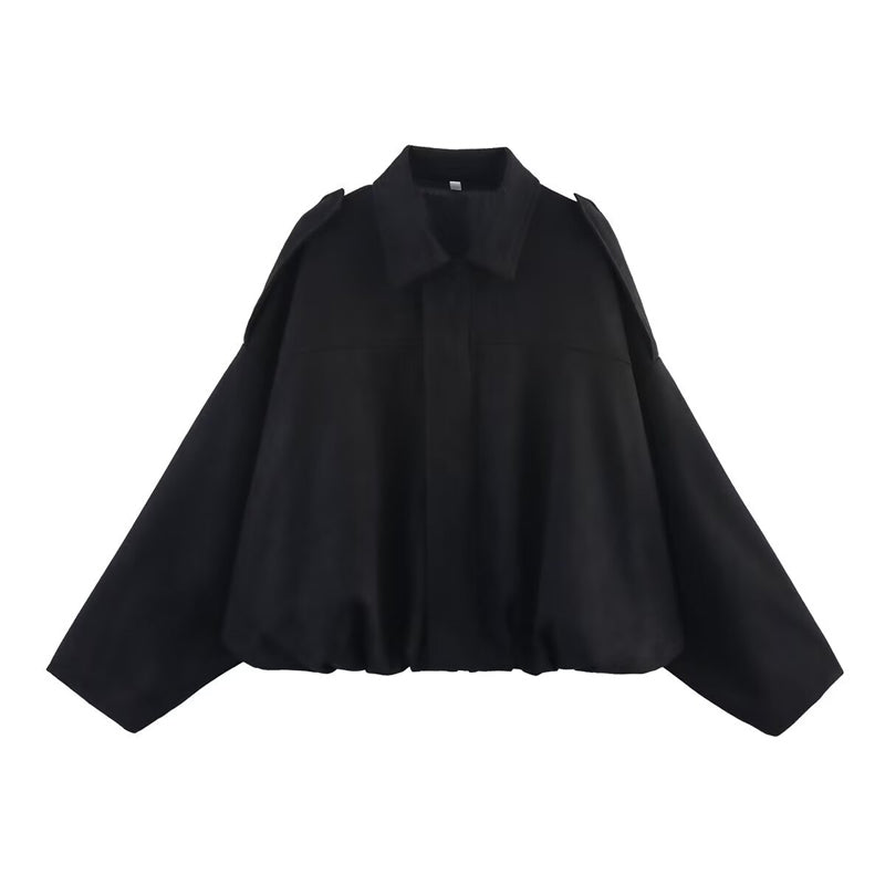 Women's Solid Color Notch Lapel Batwing Sleeve Zip-Up Jacket - Casual Pilot Style Cropped Top