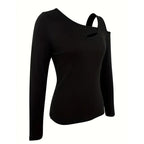 Women's Cut Out Off Shoulder Top - Long Sleeve Plain Tee For Holiday, Spring & Autumn