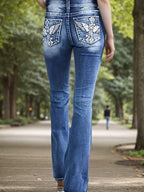 Women's Versatile And Fashionable Stretch Denim Bell Bottoms, Retro Street Style, Comfortable Embroidered Casual Jeans, Suitable For Daily Wear