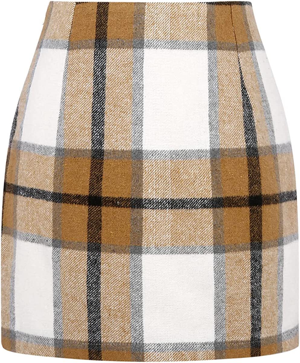 Women's High Waist Plaid Tight Pencil Wool Mini Skirt