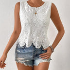 Womens Floral Lace Tank Top Sleeveless Blouse Crew Neck Hollow Out Summer Casual Shirt