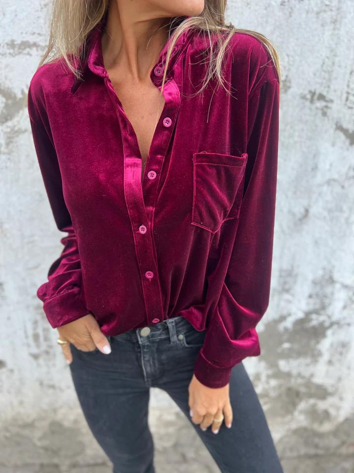 Women's Velvet Long-sleeved Single-breasted Shirt Casual Lapel Long Sleeve Solid Color Tops Daily Wear