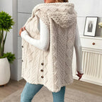 Women's Textured Sleeveless Hooded Vest, Button-Front Layering Piece For Fall & Winter Outfits