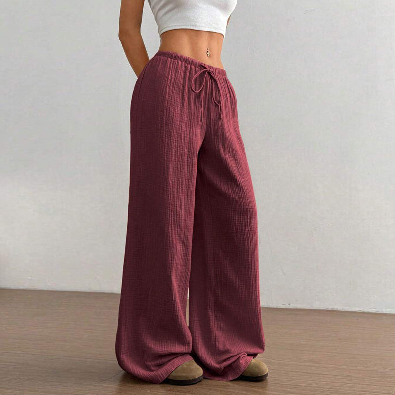 Plus Size Women's Solid Color High-Waisted Wide Leg Pants Drawstring Waist Casual Trousers For Spring And Autumn