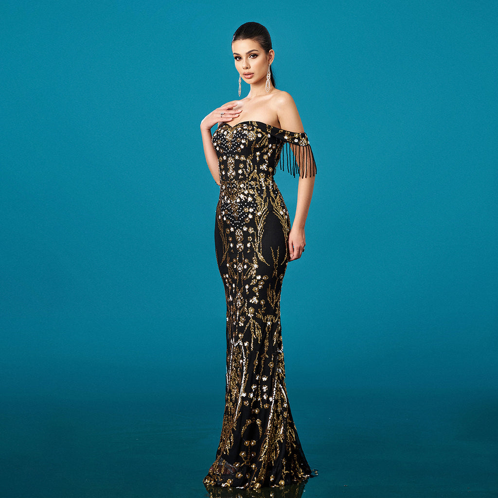 Off-neck Tassel Sequined Fishtail Evening Dress For Banquet