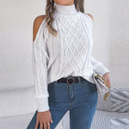 Women's Solid Color Off-Shoulder Cable Knit Sweater, High Neck Long Sleeve Pullover For Spring And Fall