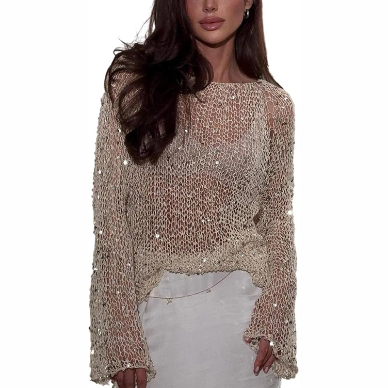 Women's Sequin Mesh Top - Long Sleeve Sheer See Through Sexy Blouse