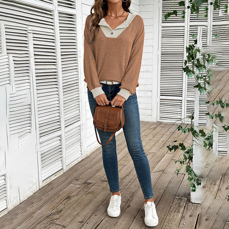 Women's Color Block Pullover - Spring Fall V-Neck Long Sleeve Casual Loose Top