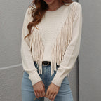 Women's Fringe Tassel Sweater - Casual Long Sleeve Crewneck Knit Pullover For Fall