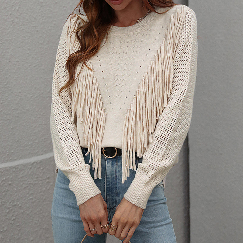 Women's Fringe Tassel Sweater - Casual Long Sleeve Crewneck Knit Pullover For Fall