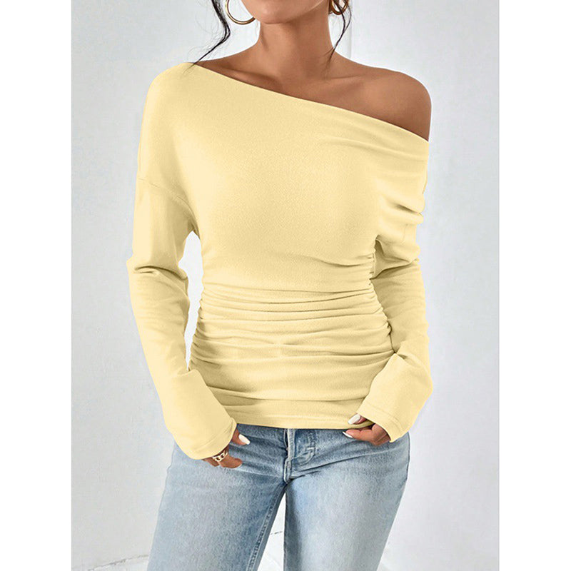 Women's Off The Shoulder Tops Long Sleeve T Shirts Going Out Tops Casual Trendy Ruched Slim Fitted Tees