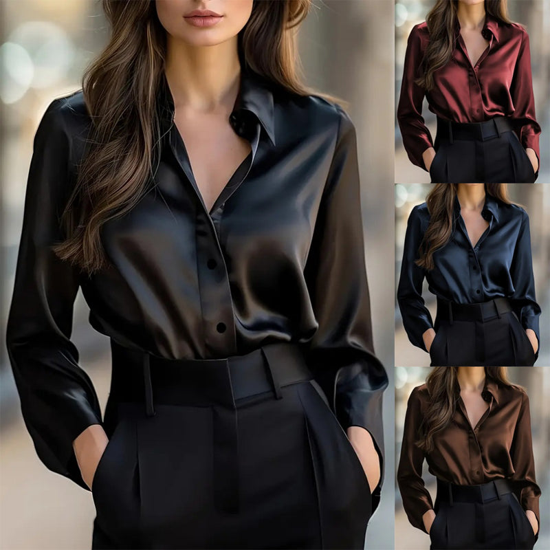 Elegant Women's Solid Color Lapel Shirt Long Sleeve Button-Down Blouse For Office And Formal Wear