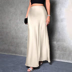 Women's Elegant Satin High Waist Flared Midi Skirt Cocktail Party Wedding Long Skirt