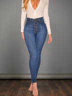 Women's Mid Blue High Waisted Buckle Tight Jeans Are Comfortable To Wear. High Waist Design, Buckle Design Adds A Sense Of Fashion,