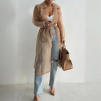Women's Solid Color Half Sheer Long Sleeve Cardigan With Buttons & Belt - Lightweight Cover-Up For Summer