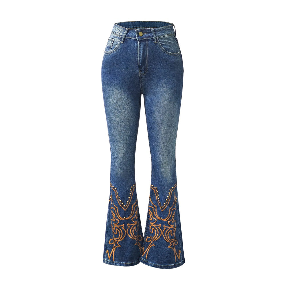 Embroidered Flared Jeans, High-Waist Bootcut Jeans, Women's Denim Style, Vintage Stretch Pants, Western Retro Flared Pants