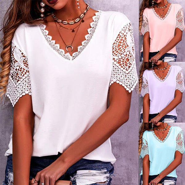Lace Paneled Loose V-Neck Short Sleeves For Women