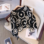 Women's Crochet Lace Yoke Sweater, Geometric Pattern Long Sleeve Pullover With Eyelet Embroidered Trim