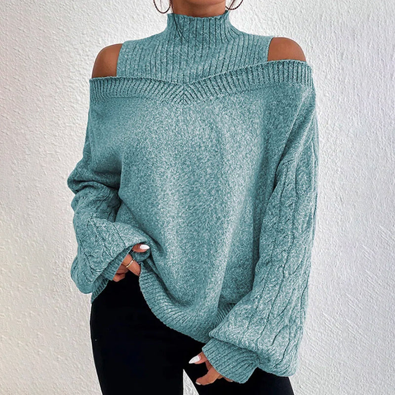 Women's Cold Shoulder Sweater - Sexy High Neck Cut Out Pullover Long Sleeve Top