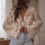 Women's Solid Color V-Neck Long Sleeve Blouse Floral Lace Embroidery Ruffled Neckline & Cuffs Drawstring Sleeves Button Front Semi-Sheer Elegant Summer Top