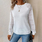 Women's Lace Waffle Knit Blouse, Long Sleeve Crewneck Business Casual Top