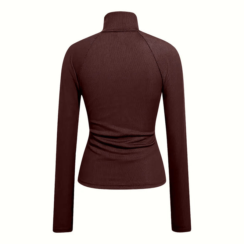 Women's Solid Color Ribbed Turtleneck Top, Half-Zip Long Sleeve Knit Shirt For Autumn