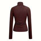 Women's Solid Color Ribbed Turtleneck Top, Half-Zip Long Sleeve Knit Shirt For Autumn