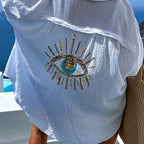 Women's Oversized Button-Down Shirt With Sparkling Eye Print On Back Long Sleeve Blouse For Spring And Fall