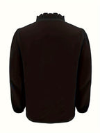 Pure Color Ruffle Hemline Shirt, Casual V-neck Long Sleeve Shirt.