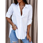 Women's Casual Long Sleeve Button-Down Shirt With Roll-Up Sleeves, Stylish Mid-Length Blouse For Everyday Wear