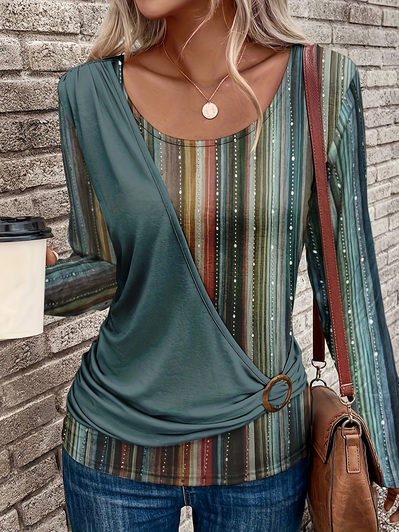 New Long Sleeve Round Neck Printed T-shirt With Circle Decoration For Spring And Autumn, Casual Top.