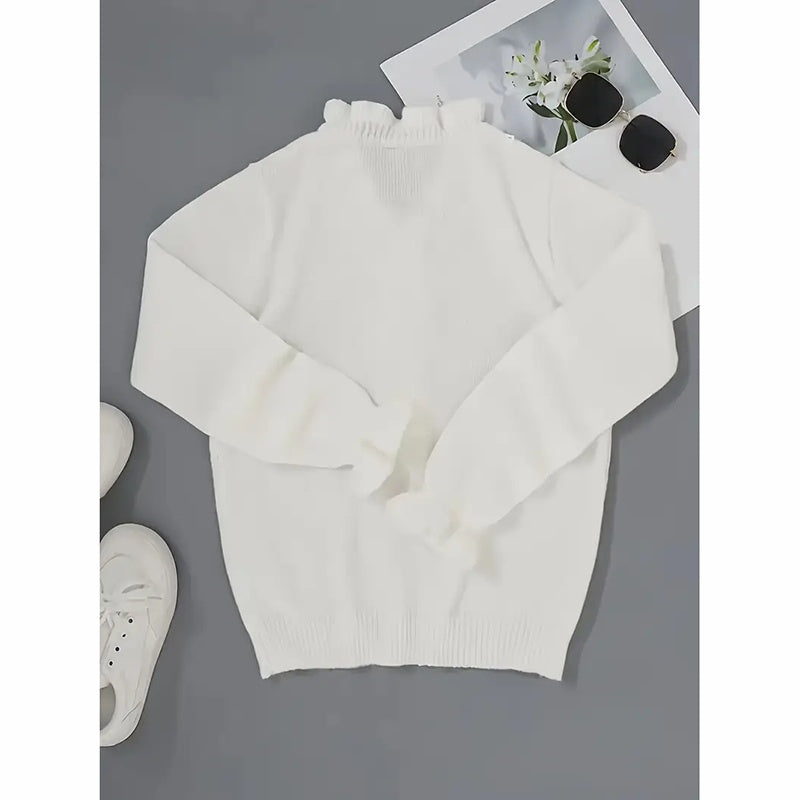 Women's Long Sleeve Ruffle Sweaters V Neck Lightweight Knitted Pullover Sweater Tops
