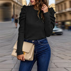 Women's Elegant Puff Sleeve Top, Ruffle Detail Long Sleeve Knit Blouse For Autumn And Winter