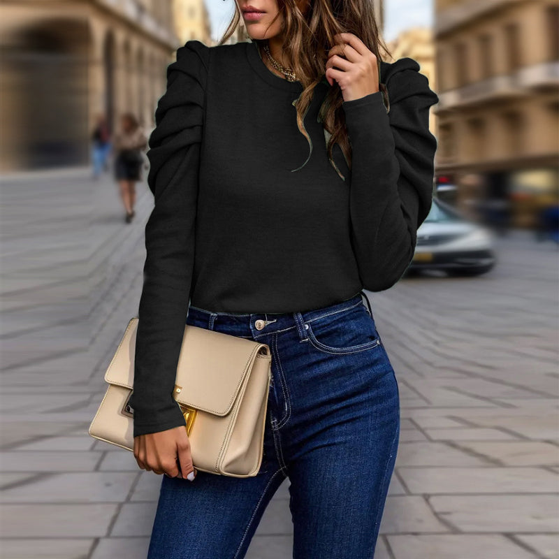 Women's Elegant Puff Sleeve Top, Ruffle Detail Long Sleeve Knit Blouse For Autumn And Winter