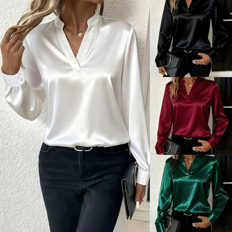 Women's Elegant Solid Color V-Neck Blouse, Button Cuff Long Sleeve Wrinkle Resistant Office Shirt