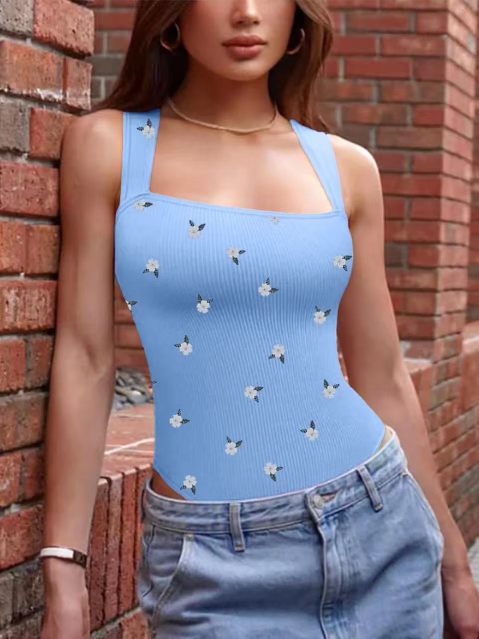 NEW Women's Summer Outfit Baby Blue Cherry Print Jumpsuit For Women Vintage Chic, Lightweight Perfect For Commute, Comfortable Stylish, Flattering Silhouette