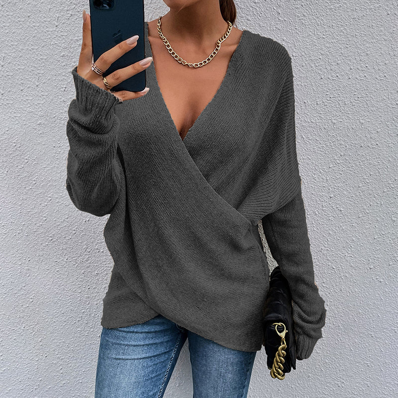 Women's Criss Cross V-Neck Sweater - 2025 Fall Long Sleeve Casual Pullover Top