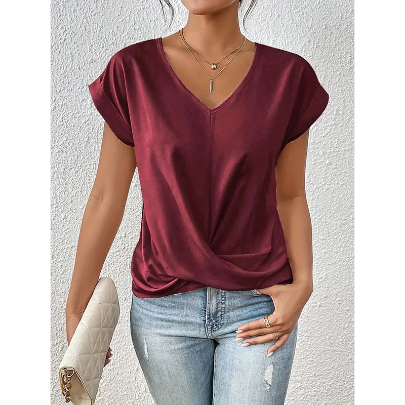 Women's Comfy Casual Summer Tops Short Sleeve V Neck Blouses T Shirts Twist Knot Basic Tees