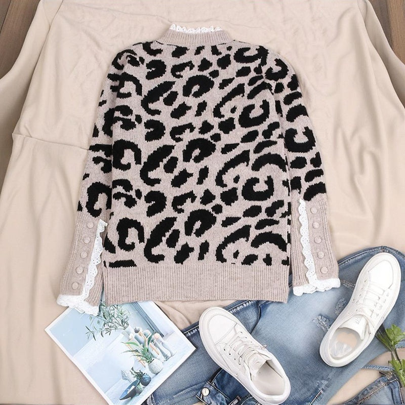 Women's Leopard Print Sweater, Crewneck Long Sleeve Pullover Top With Lace Trim