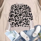 Women's Leopard Print Sweater, Crewneck Long Sleeve Pullover Top With Lace Trim
