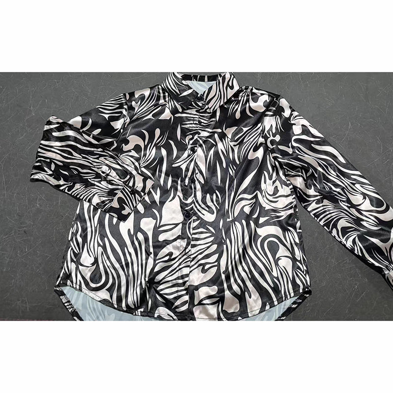Women's Abstract Print Button Down Shirt, V-Neck Collared Blouse, Dressy Casual Long Sleeve Tops