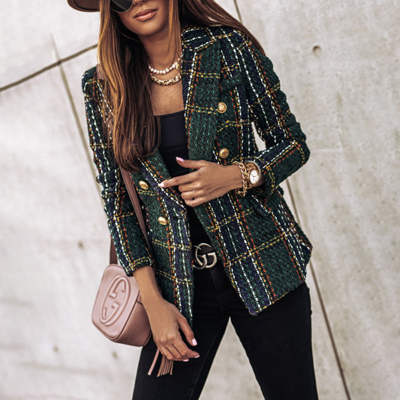 Women's Elegant Checkered Long Sleeve Blazer - Double-Breasted Printed Trench Coat For Fall&Winter, Office & Casual Jacket