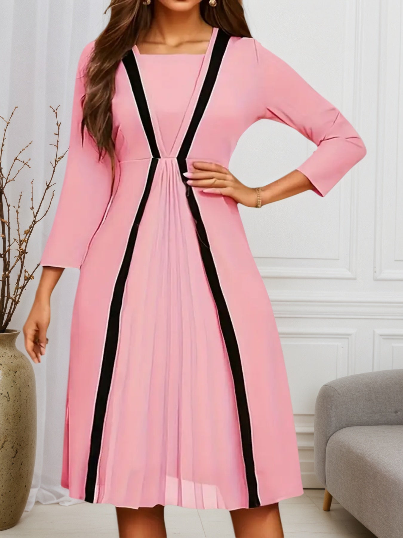 2025 Women's New Dress, Color Blocked Artificial Double Tube Dress, Seven Sleeve Layered Dress, Elegant And Casual Style, Fashionable And Beautiful, Women's Clothing