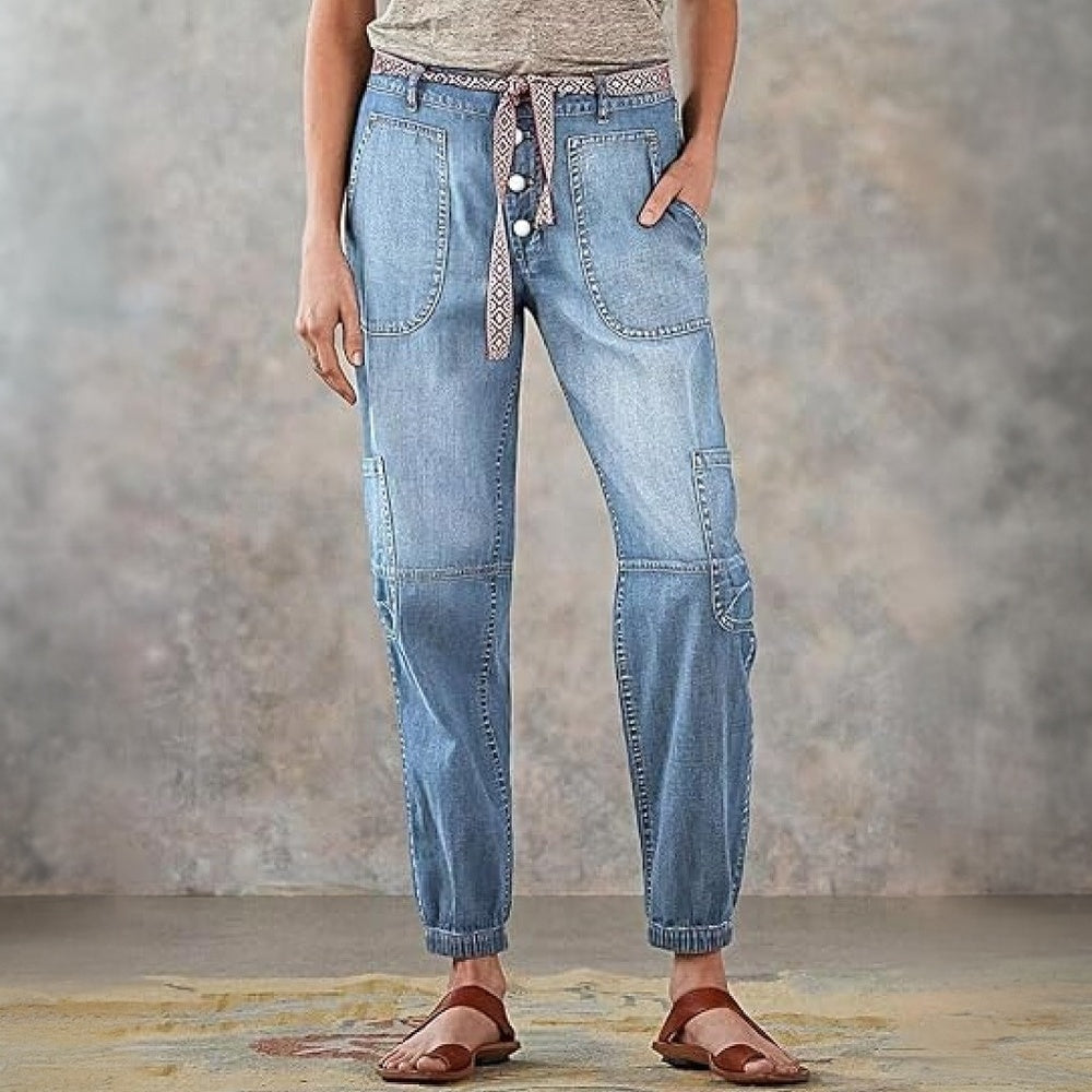 Women's High-Waist Lace-Up Jeans, Wide-Leg Full-Length Jeans With A Sexy Corset-Style Side Lacing, Statement Denim For Parties And Festivals.